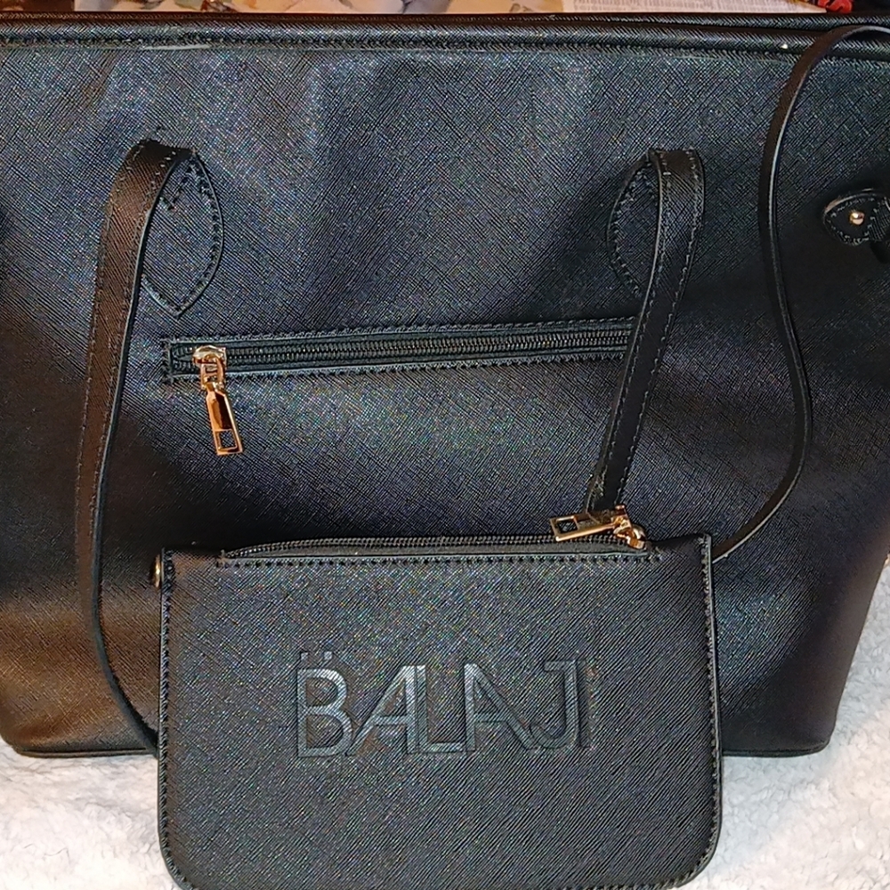 Black Tote Bag with Structured Design and Matching Pouch
